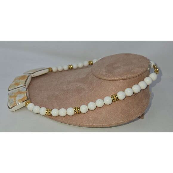 Vintage White Beaded Porcelain Tile Statement Chunky Bib Necklace 20" - Picture 2 of 9